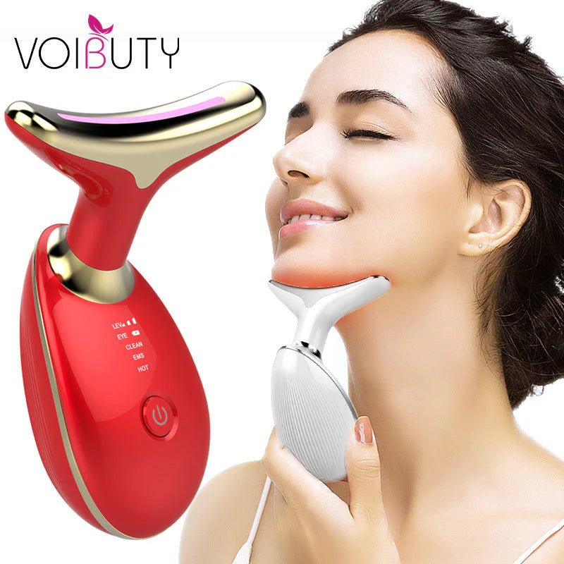 Woman using Voibuty facial massager for anti-aging treatment.