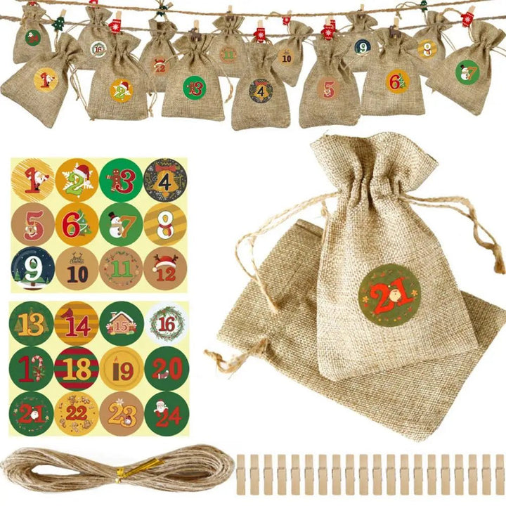 24 Days Christmas Advent Calendar Bagsadvent Calendar Gift Bags DIY Set Paper Stickers DIY Christmas Embellishments with Clips - Nook Nest Online Store