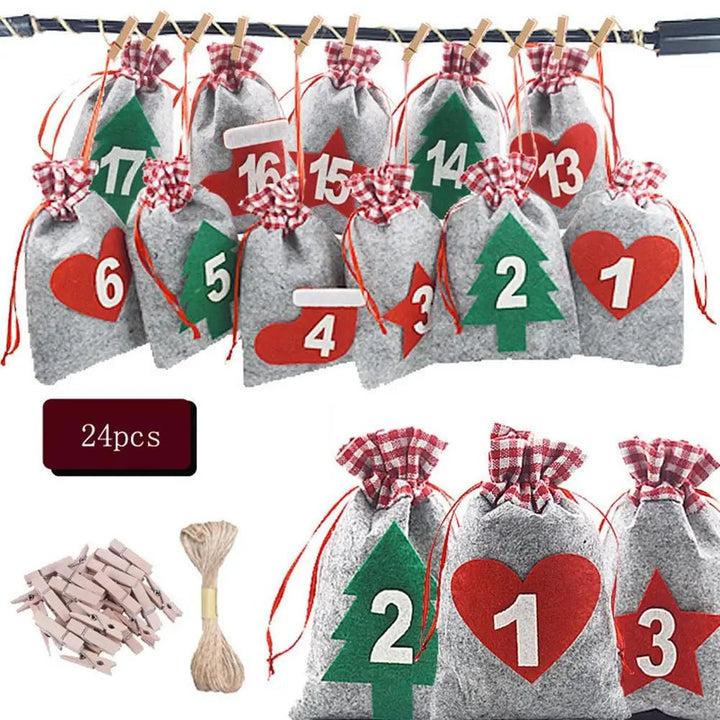 24 Days Christmas Advent Calendar Bagsadvent Calendar Gift Bags DIY Set Paper Stickers DIY Christmas Embellishments with Clips - Nook Nest Online Store