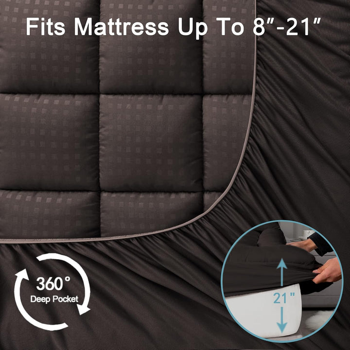 Queen Mattress Pad Quilted Fitted Mattress Protector Cooling Pillow Top Mattress Cover Breathable Fluffy Soft Mattress Topper with 8-21" Deep Pocket, Brown