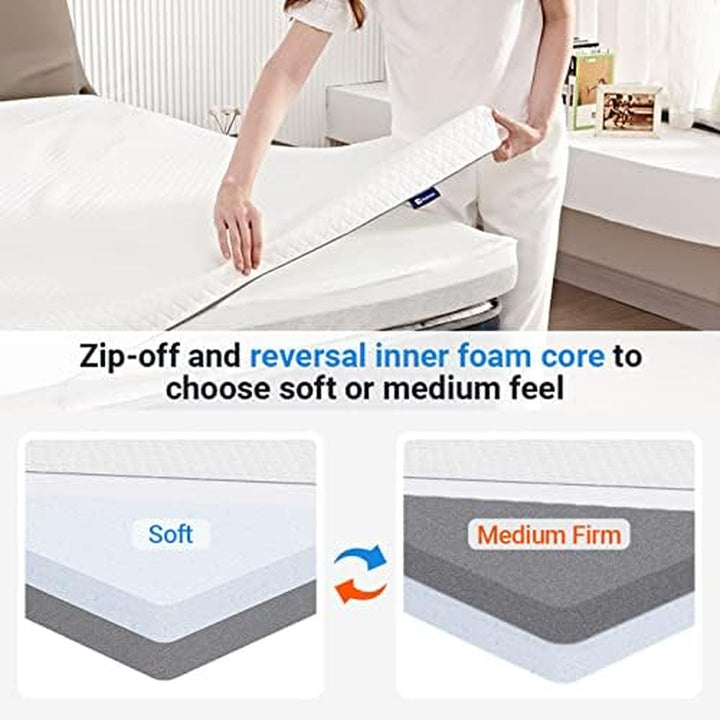 Twin XL Mattress Topper - Premium, Removable, 3 Inch Memory Foam with Adjustable Firmness, White