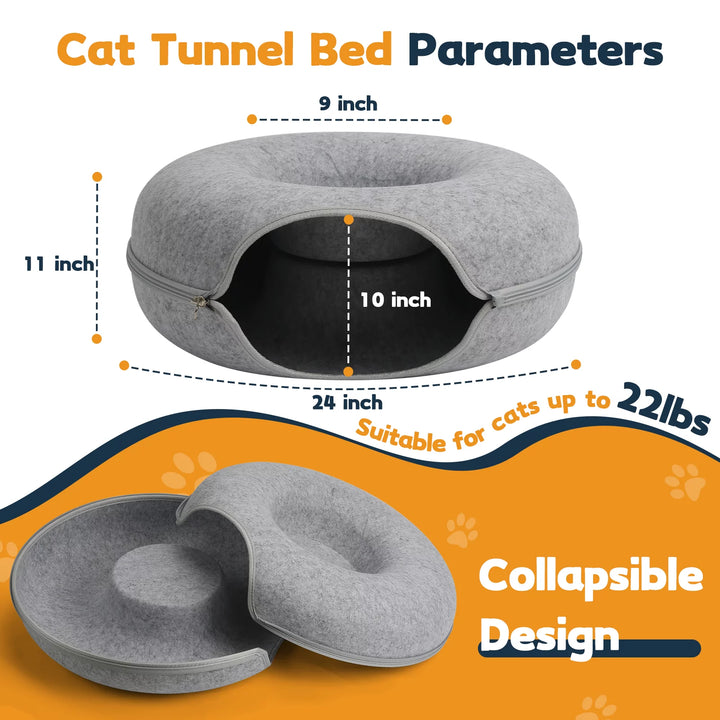 Cat Tunnel Bed,Peekaboo Cat Cave,Detachable Tunnels for Indoor Cats,Cat Tunnel Toy,Felt round Cat Bed Suitable for the Rabbits and Small Guinea Pigs(24Inch,Light Grey,Cat up to 22 Lbs)