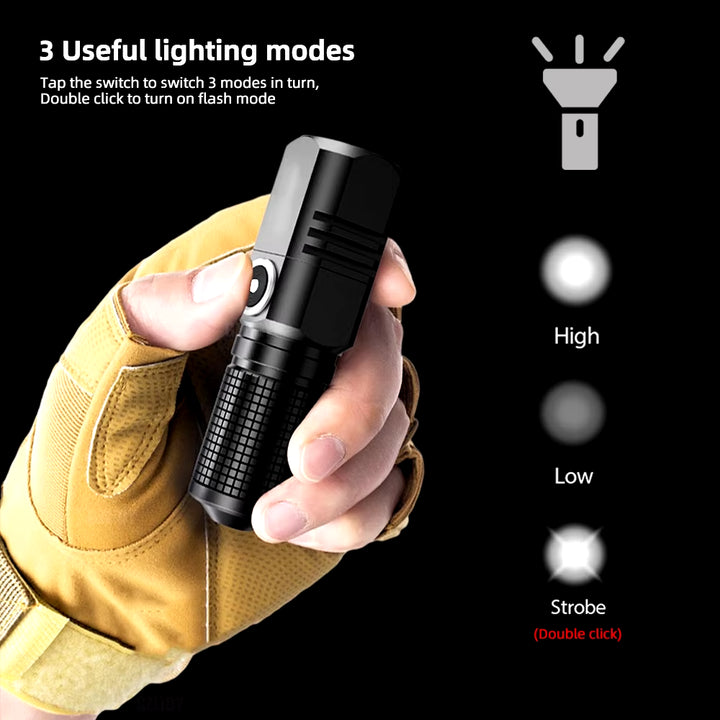 Super Bright MINI XHP50 LED Flashlight USB Torch Rechargeable Zoom Fishing Lantern Powerful 3 Lighting Mode Camping Lamp