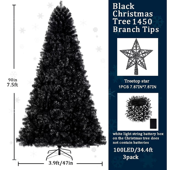 7.5Ft Black Christmas Tree,With 1,450 Tips - 1Pcs Treetop Star 3 Set 300 Led String Lights, Pencil Christmas Tree Decorations - Nook Nest Online Store