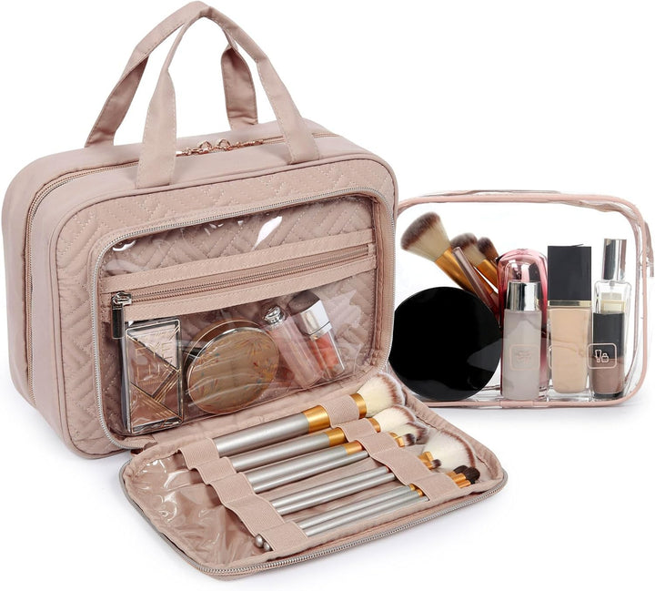 Toiletry Bag Hanging Travel Makeup Organizer with TSA Approved Transparent Cosmetic Bag Makeup Bag for Full Sized Toiletries, Large-Pink