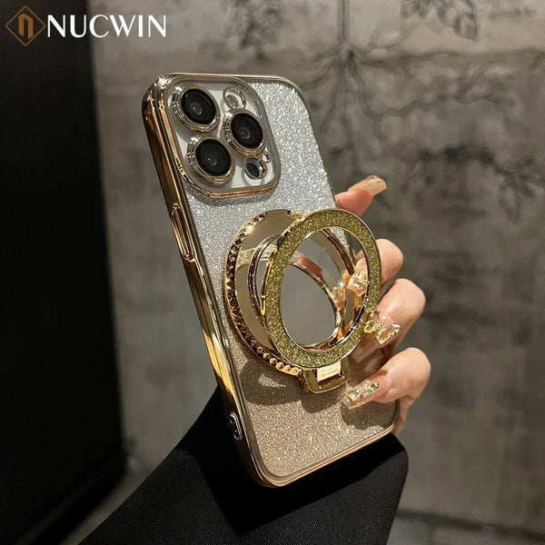 Luxury Glitter Mirror Stand Case for iPhone 16 15 14 13 12 Pro Max 11 X Xr XsMax 7 8 Plus Bracket Gradient Make Up Plating Cover