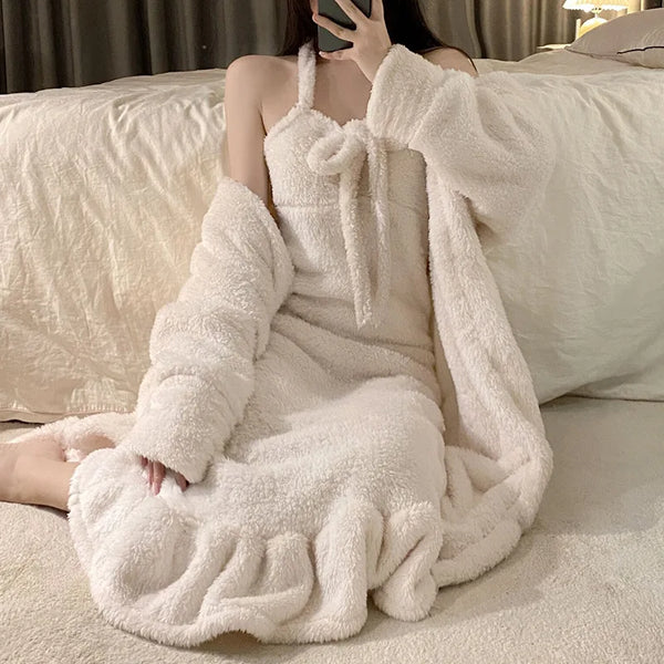 Women's Winter Sexy Bathrobe Set Coral Velvet Warm Ladies Dressing Gown 2 Pcs Set Long Sleeve Lace Up Backless Nightwear Female