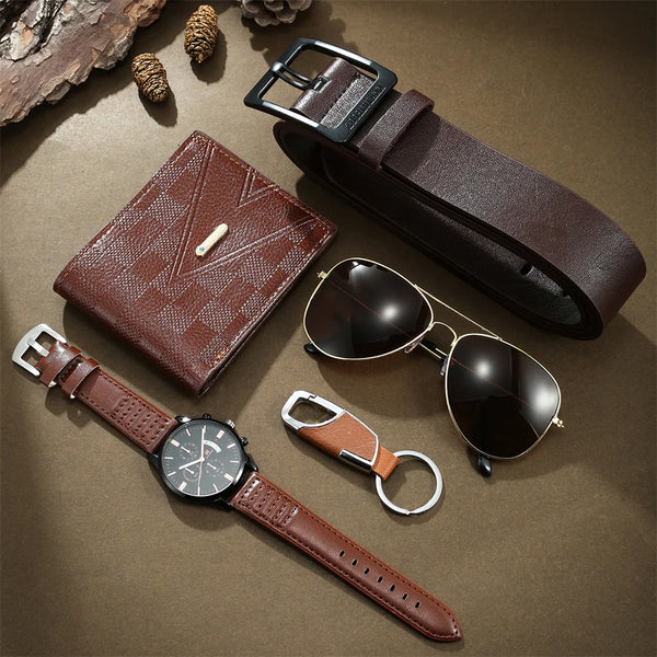 New Mens Watch Set with Gift Box 5 Pieces Key Chain Sunglasses Belt and Wallet Set for Men Gift for Him Boyfriend Dad Husband