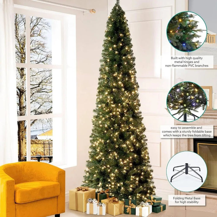 Artificial Christmas Tree with 1102 Branch Tips, 350 Warm Lights and Metal Stand 34" Wide Realistic Skinny Pencil Christmas Tree - Nook Nest Online Store