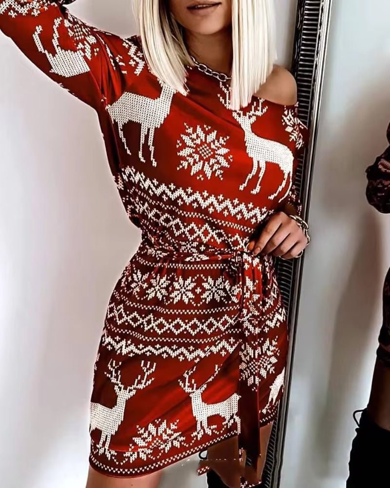 Winter Dress Women Christmas Clothes Sexy Club Outfits Fashion Printed off the Shoulder Long Sleeve Bodycon Mini Dress Red - Nook Nest Online Store