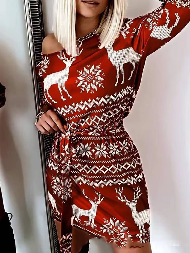 Winter Dress Women Christmas Clothes Sexy Club Outfits Fashion Printed off the Shoulder Long Sleeve Bodycon Mini Dress Red - Nook Nest Online Store